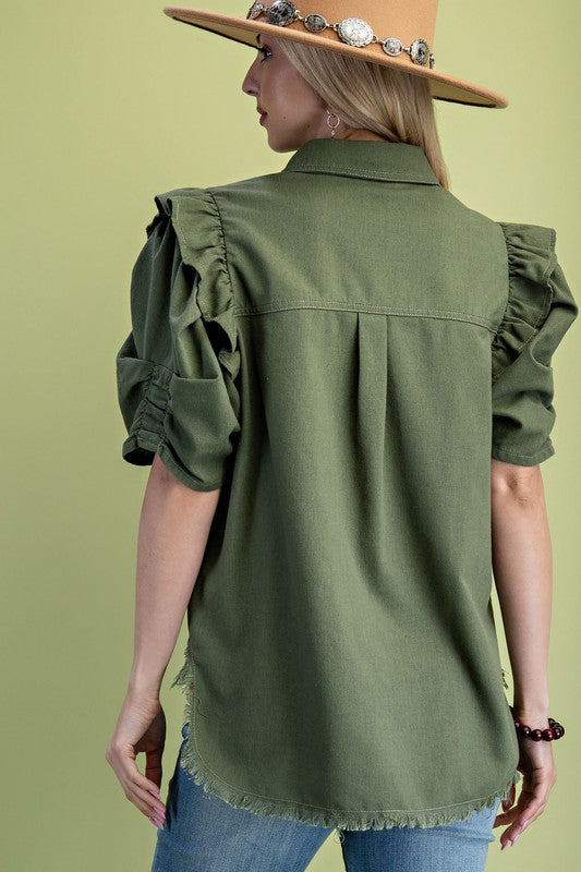 Ruffled Gathered Sleeve Linen Button Up Shirt