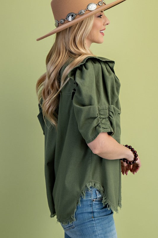 Ruffled Gathered Sleeve Linen Button Up Shirt
