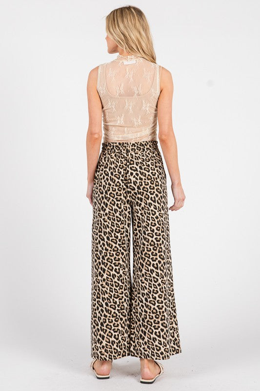 Washed Leopard Print Wide Leg Pants