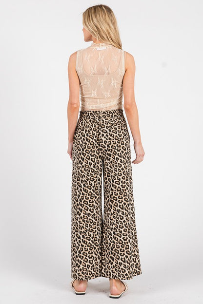 Washed Leopard Print Wide Leg Pants