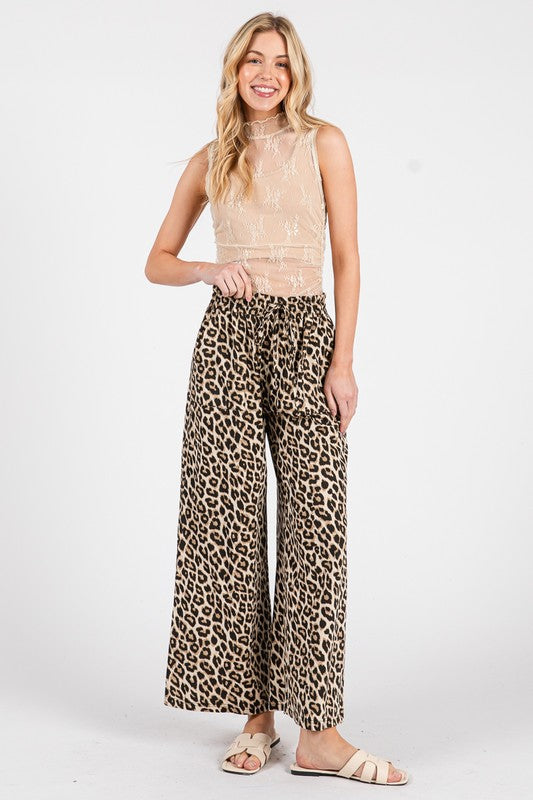 Washed Leopard Print Wide Leg Pants
