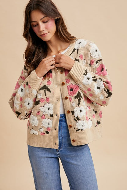 Boucle Flower Pattern Sweater Cardigan