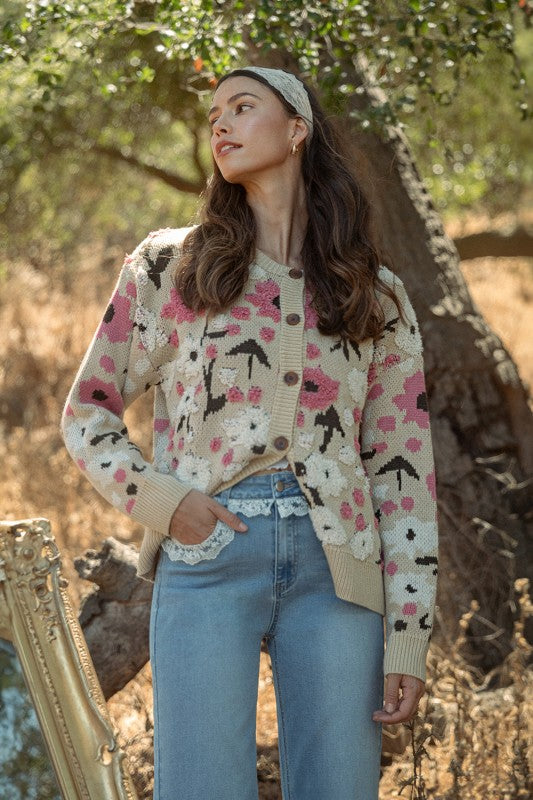 Boucle Flower Pattern Sweater Cardigan