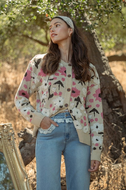 Boucle Flower Pattern Sweater Cardigan