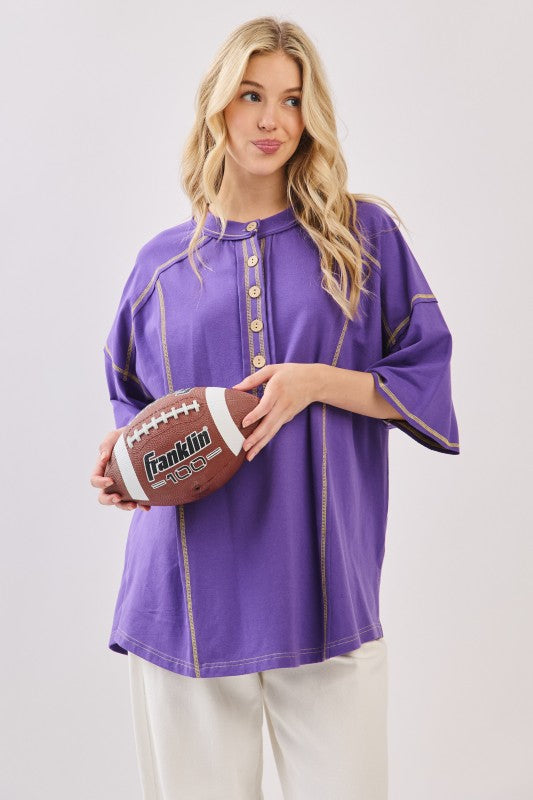 Purple/Gold Game Day Relaxed Button Henley Tee