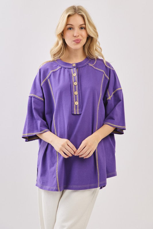 Purple/Gold Game Day Relaxed Button Henley Tee