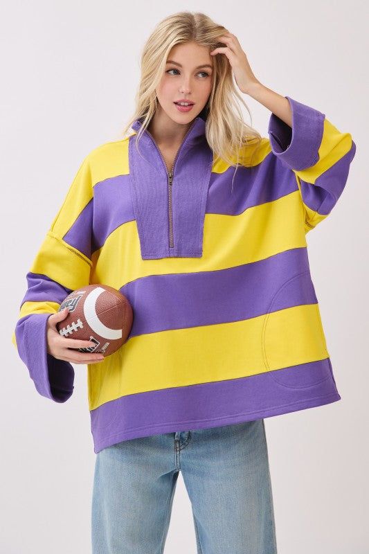 Purple & Gold Stripe Varsity Stripe Zip Pullover