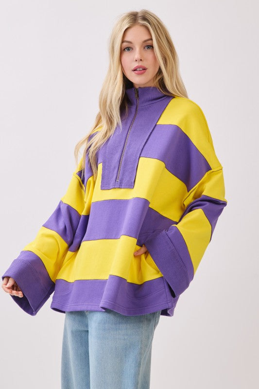 Purple & Gold Stripe Varsity Stripe Zip Pullover