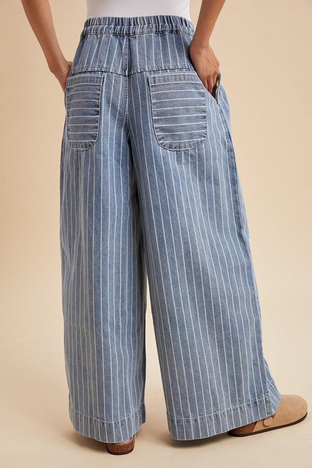 Striped Denim Pin Tuck Detail Wide Leg Pants