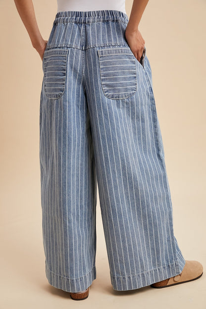 Striped Denim Pin Tuck Detail Wide Leg Pants