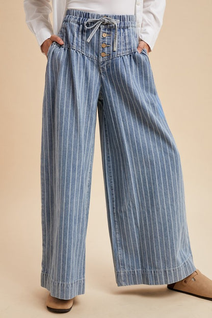 Striped Denim Pin Tuck Detail Wide Leg Pants