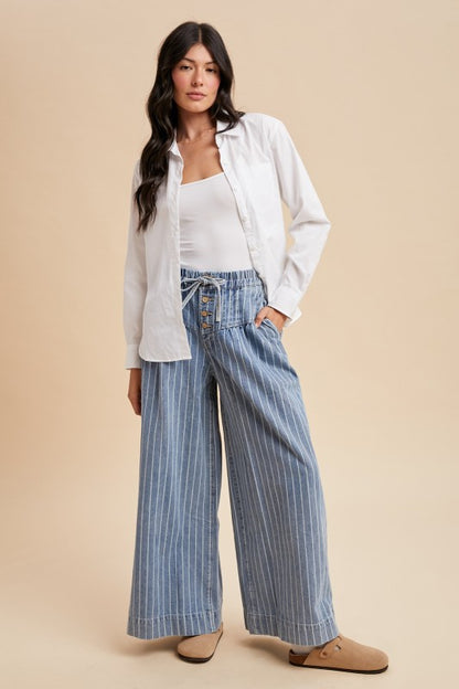 Striped Denim Pin Tuck Detail Wide Leg Pants