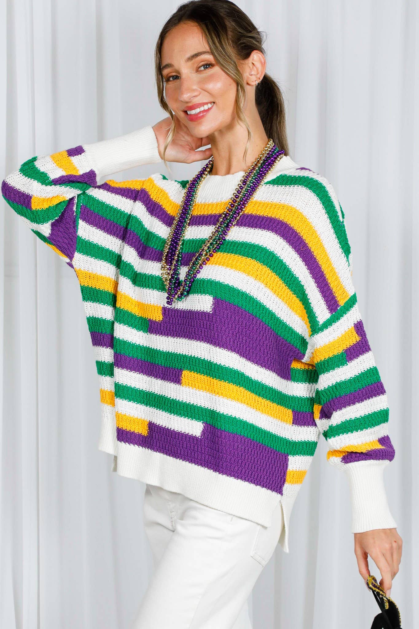 Color Block Striped Mardi Gras Crochet Knit Sweater