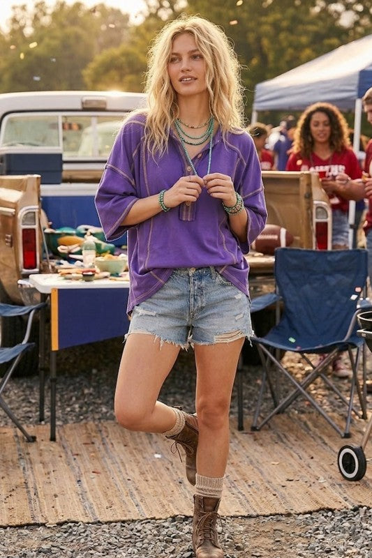 Purple/Gold Game Day Relaxed Button Henley Tee