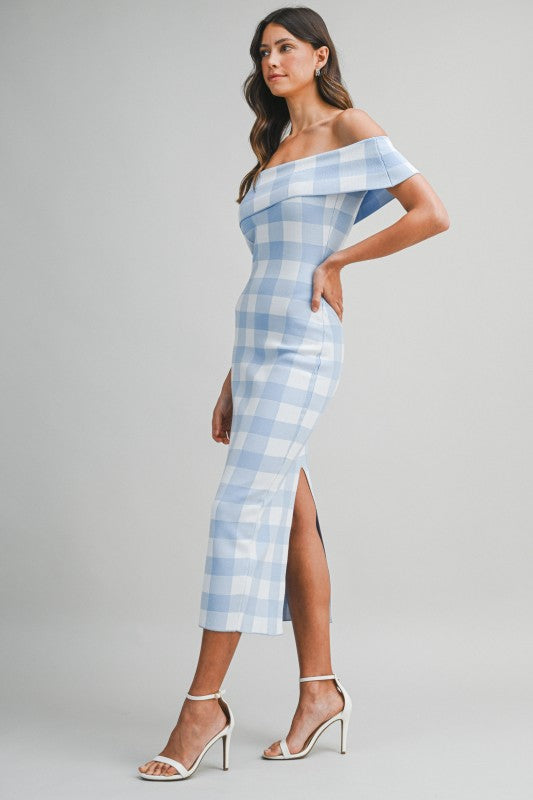 Blue gingham check off shoulder dress