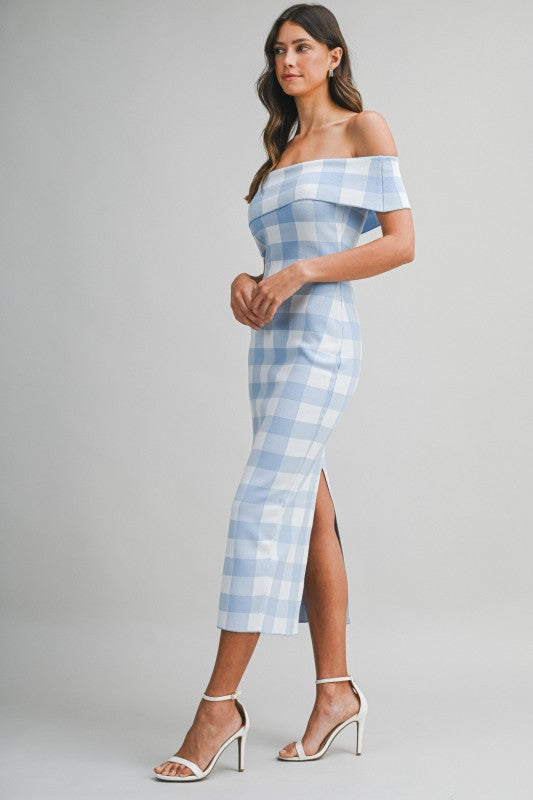 Blue gingham check off shoulder dress