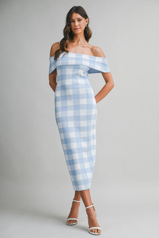 Blue gingham check off shoulder dress