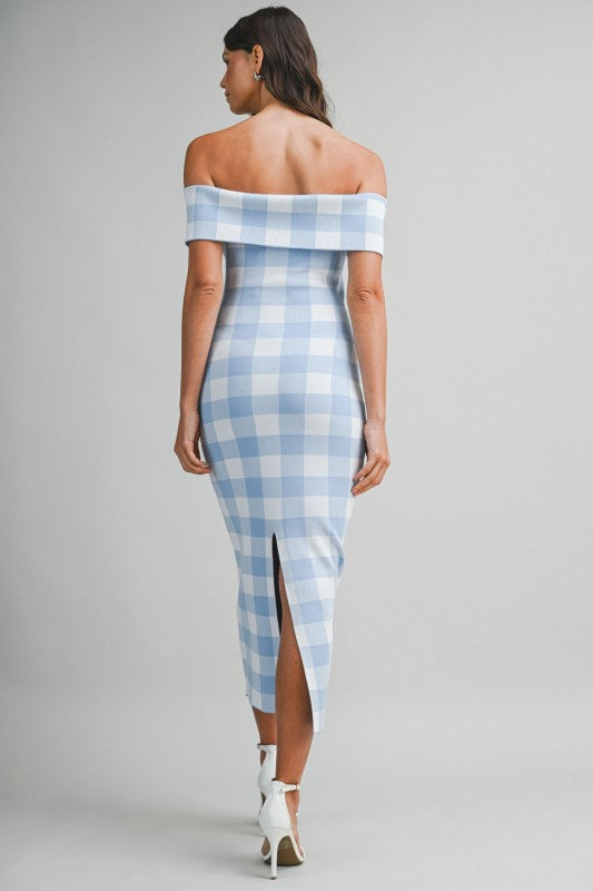 Blue gingham check off shoulder dress
