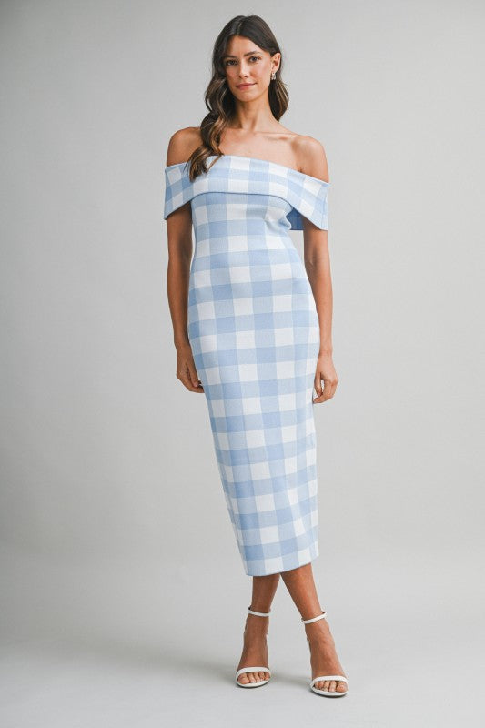 Blue gingham check off shoulder dress