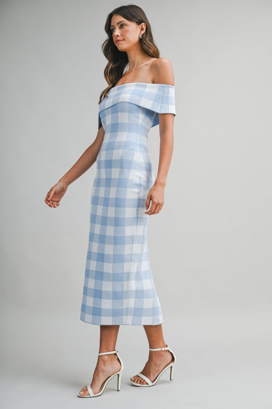 Blue gingham check off shoulder dress