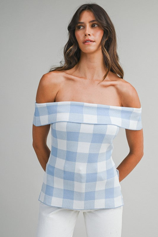 Blue gingham check off shoulder top