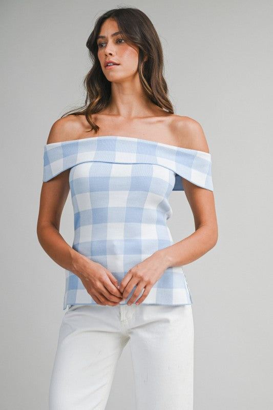 Blue gingham check off shoulder top