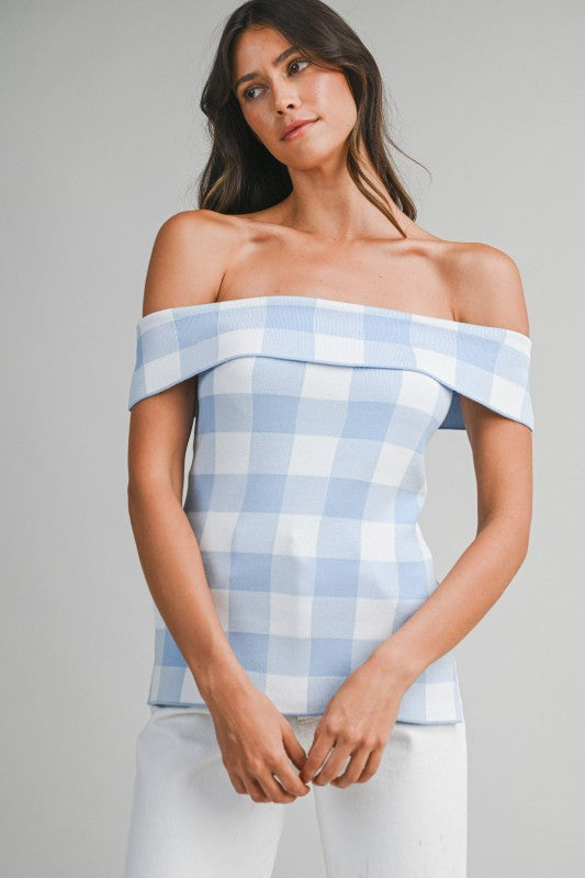 Blue gingham check off shoulder top