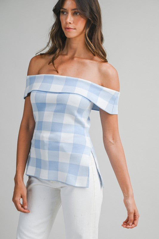 Blue gingham check off shoulder top