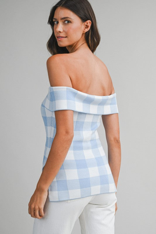 Blue gingham check off shoulder top