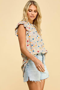 Floral Printed Top with Ruffled Neck