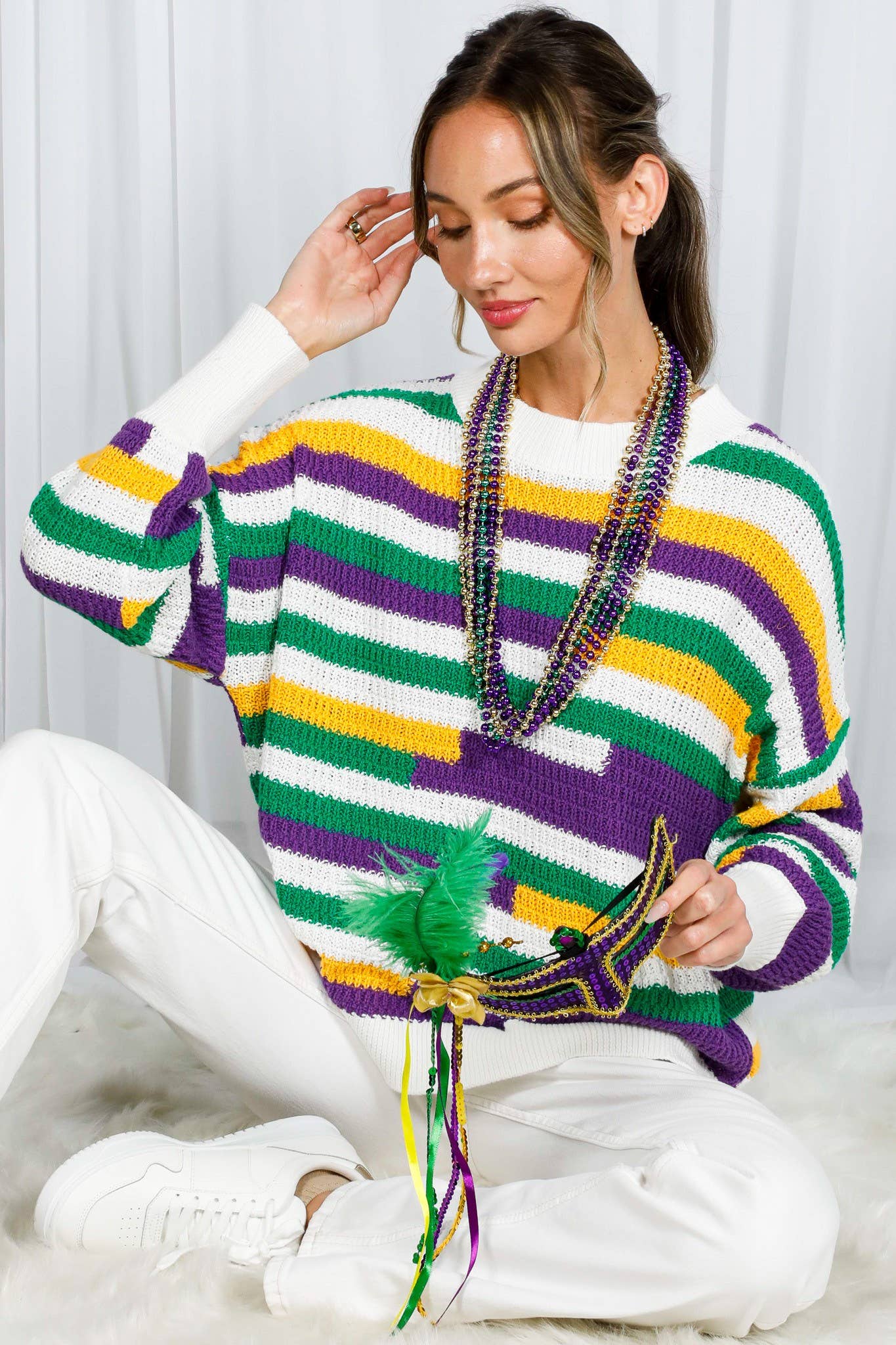 Color Block Striped Mardi Gras Crochet Knit Sweater