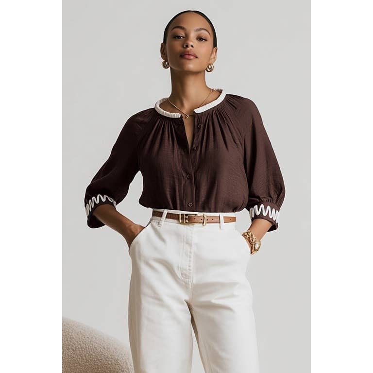 Abstract Applique Popover Blouse