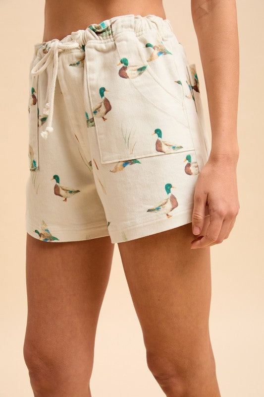 Mallard Duck Print Drawstring Relaxed Fit Shorts