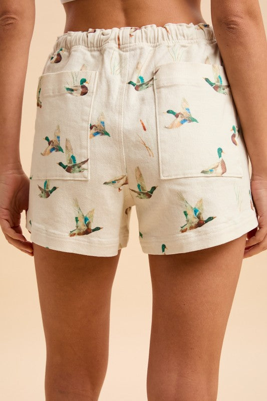 Mallard Duck Print Drawstring Relaxed Fit Shorts