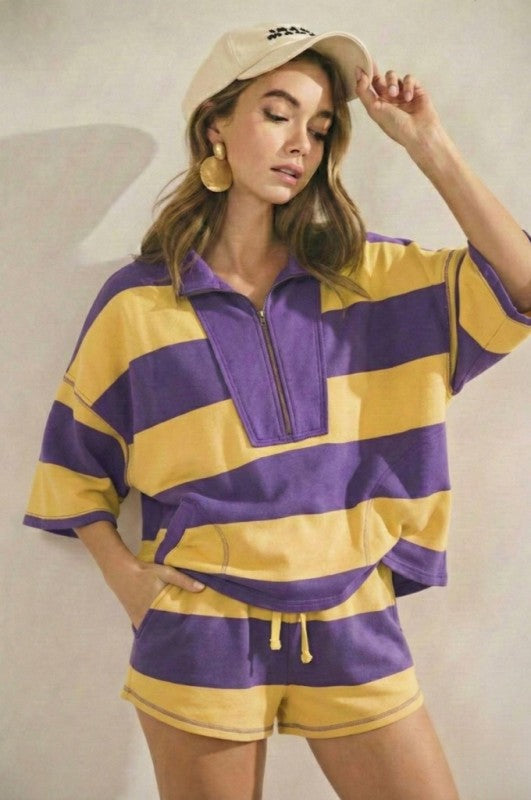 Game Day Purple & Gold Striped Front Top Zip Shorts Set