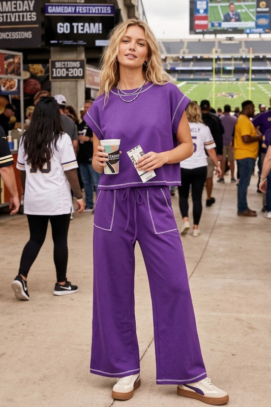 Purple Scuba Contrast Stitch Lounge Set