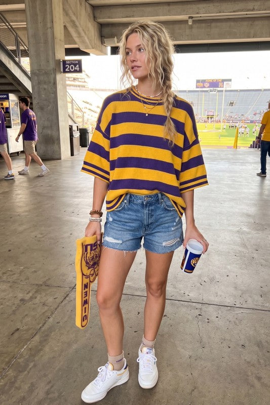 Purple Game day Stripe Knit Oversized Top