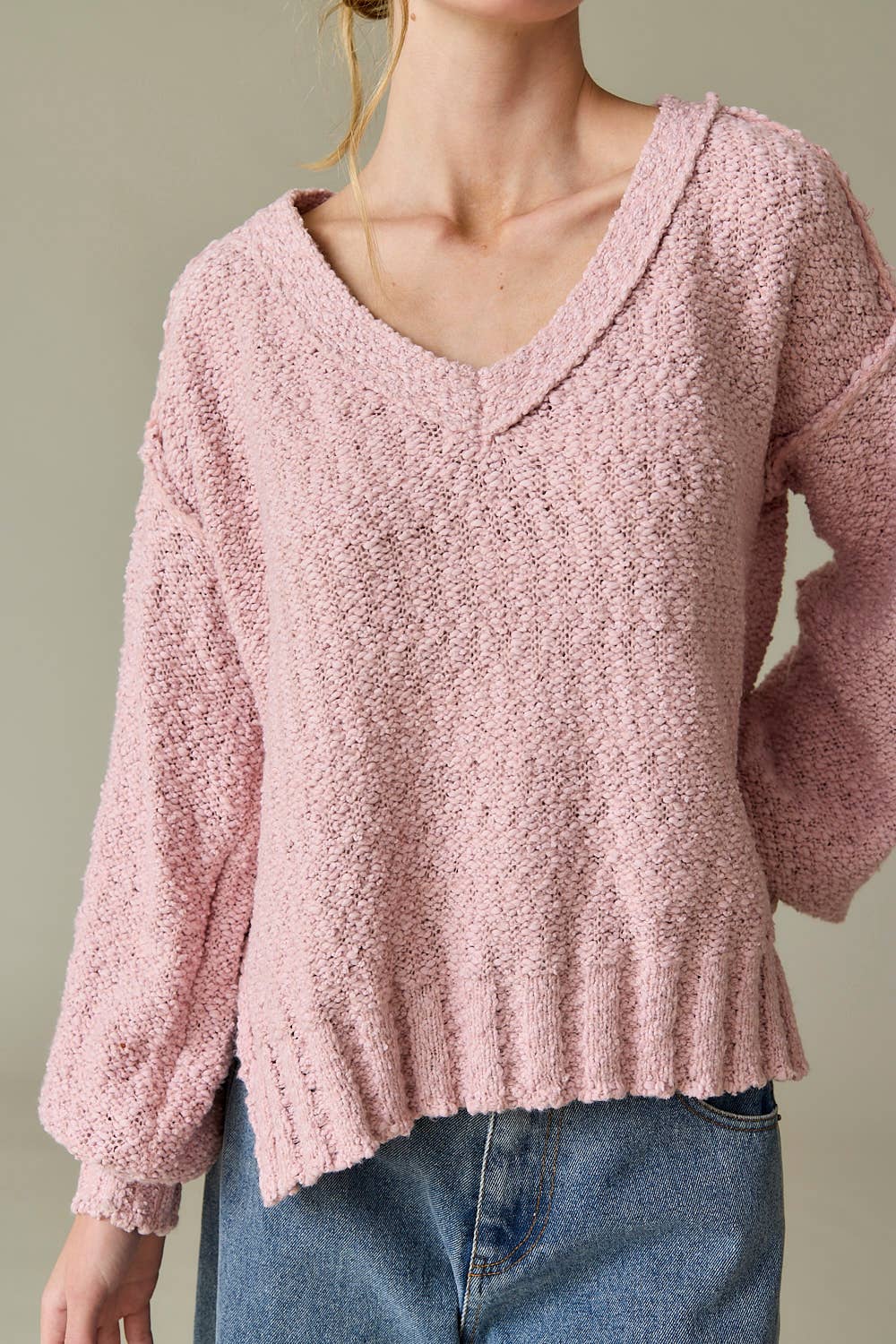 Dusty Pink Loose Fit V-neck Balloon Sleeve Sweater