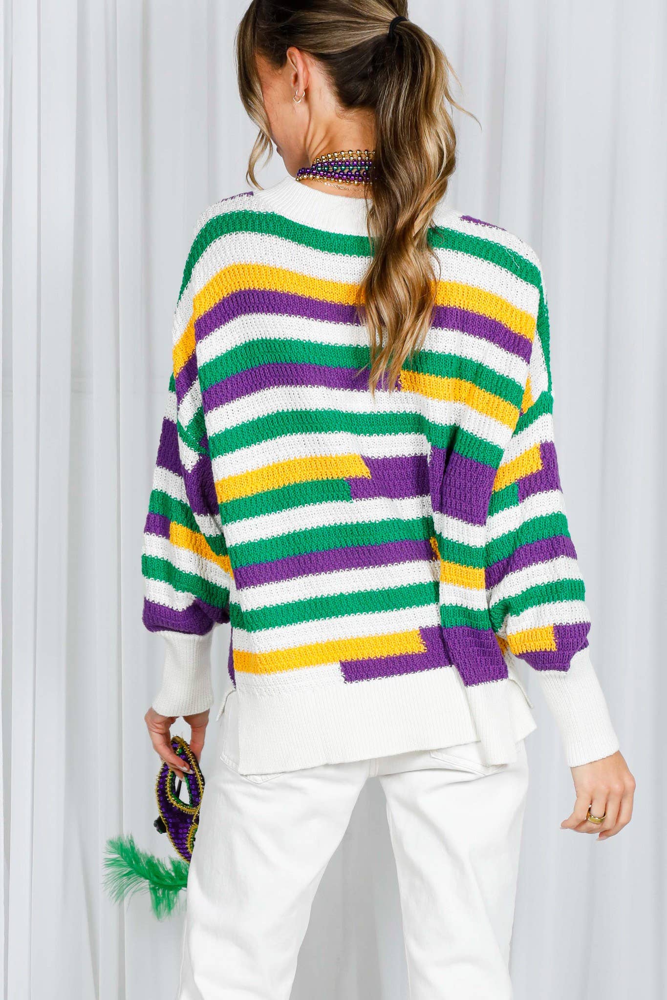 Color Block Striped Mardi Gras Crochet Knit Sweater