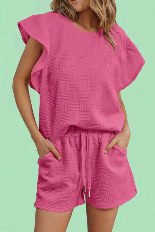 Pink Textured Ruffle Sleeve and Drawstring Shorts set