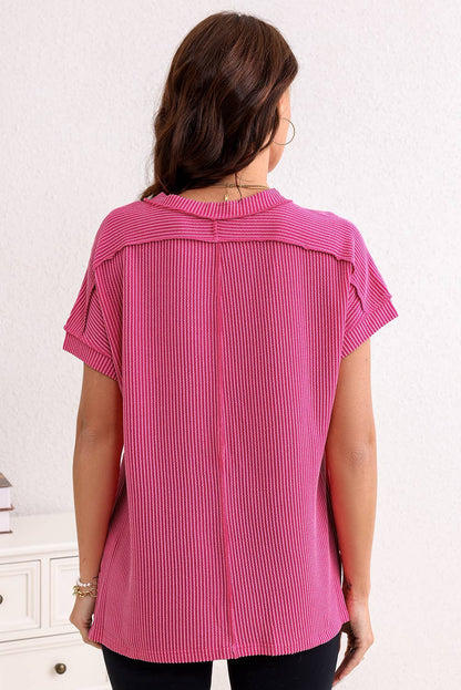 Pink Textured Knit Exposed Stitching Top