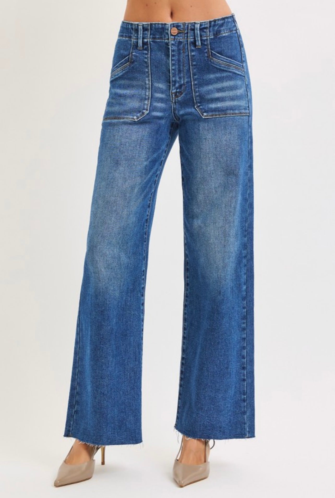 Risen Mid Rise Wide Leg Jeans with patch pocket