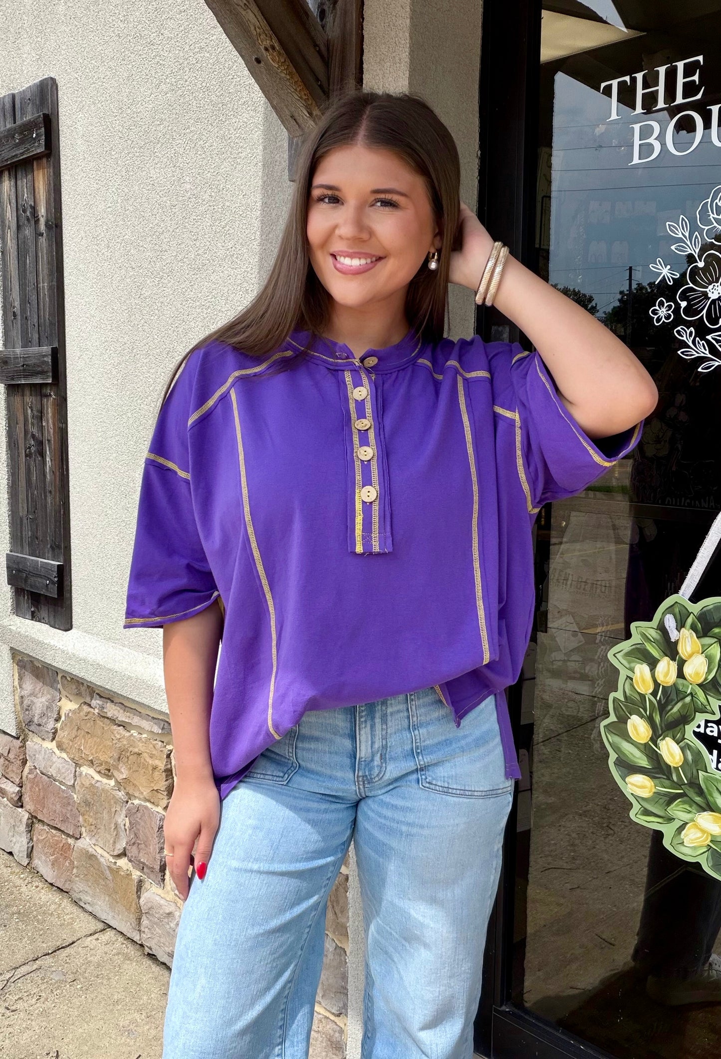 Purple/Gold Game Day Relaxed Button Henley Tee