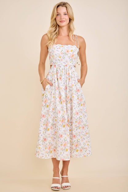 Scallop Edge Tie Shoulder Floral Midi Dress