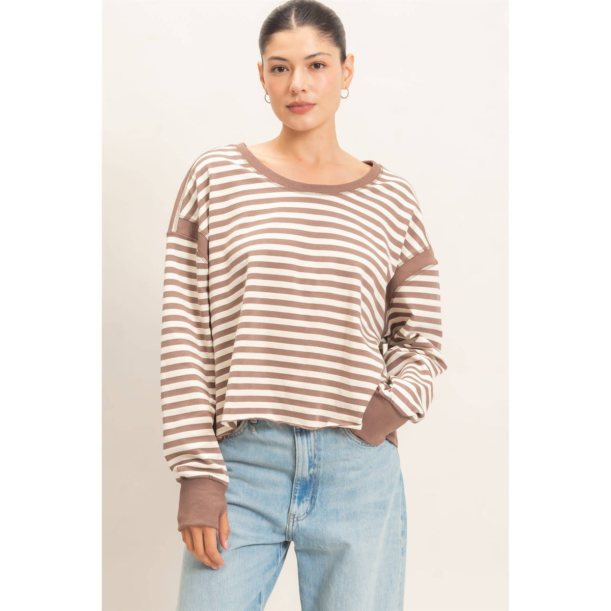 Striped Open Back Long Sleeve Top