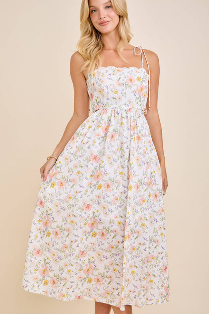 Scallop Edge Tie Shoulder Floral Midi Dress