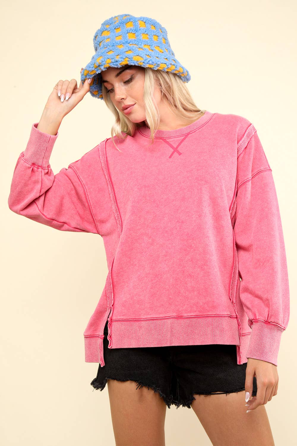 Pink Mineral Washed French Terry Oversized Knit Top