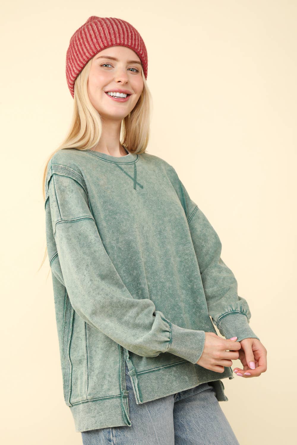 Pink Mineral Washed French Terry Oversized Knit Top