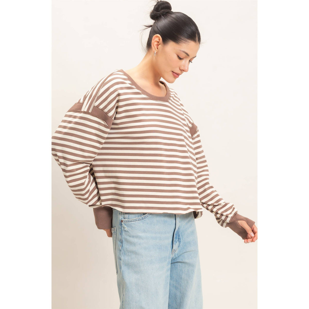Striped Open Back Long Sleeve Top