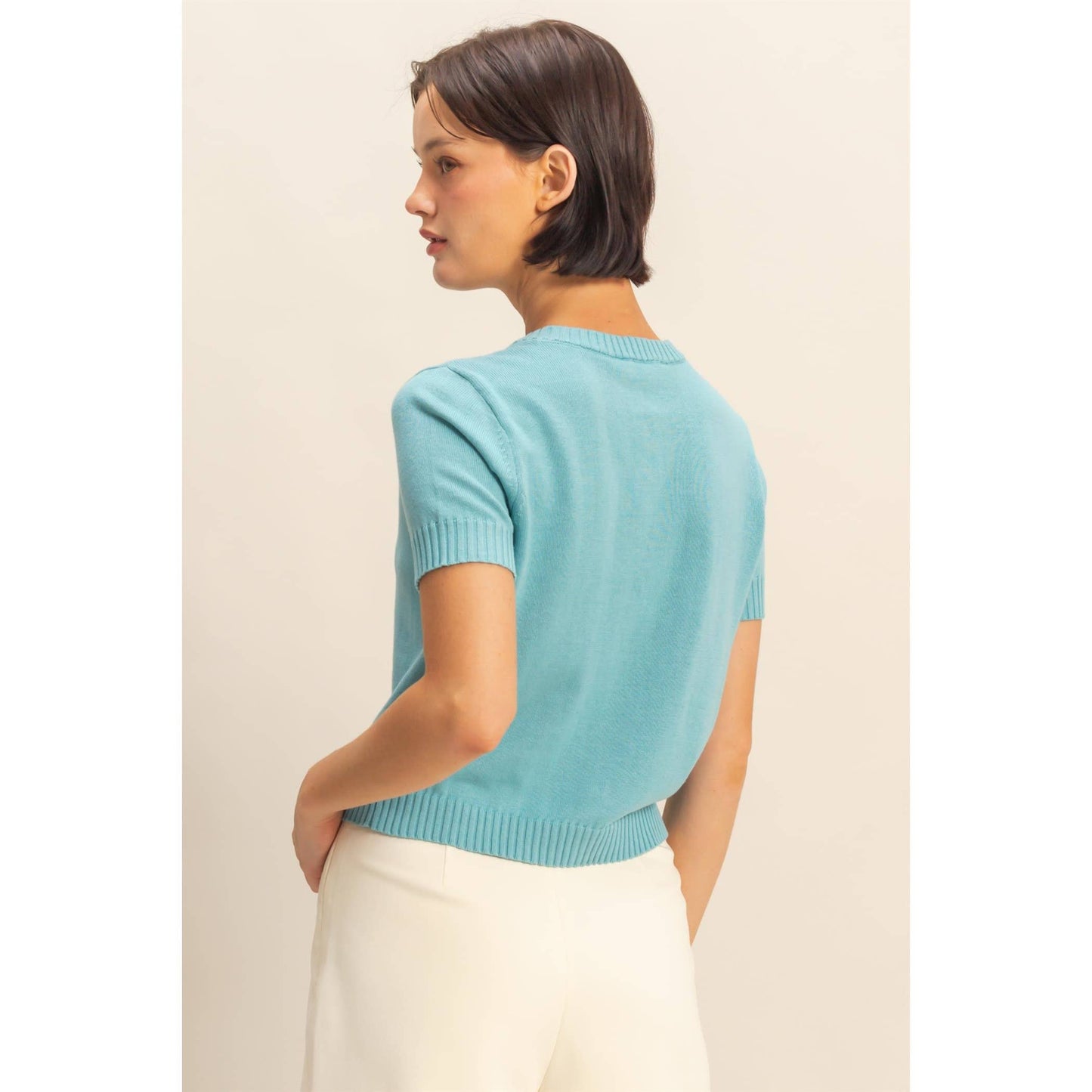 Crew Neck Short Sleeve  Buttoned Cardigan